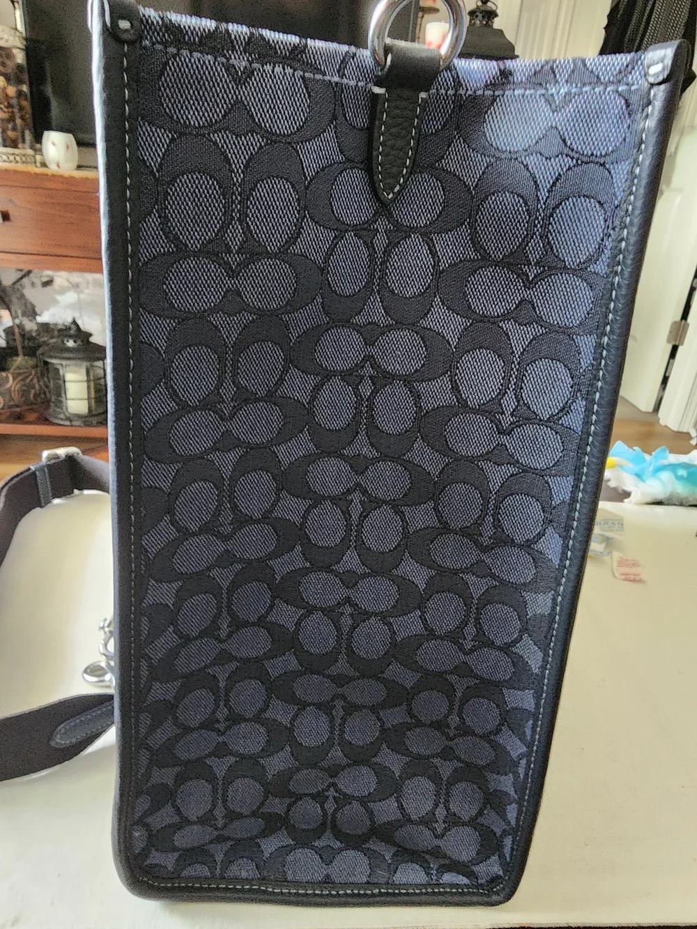 NWT Coach Dempsey Tote 40 In Navy Signature Denim with Stripe and Leather Trim
